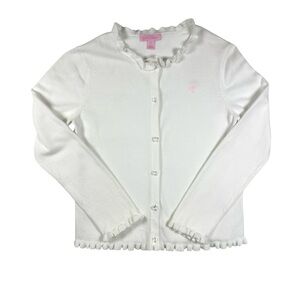 LILLY PULITZER White Cotton Cardigan w/ Ruffles & Pink Logo  Girl’s XL (12-14)